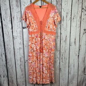 Torrid 2X 18-20‎ Plus Size Lace Up Tea Length Dress Crinkle Gauze Floral Coral